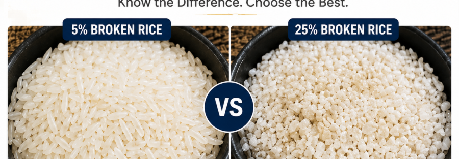 Side-by-side comparison of 5% Broken Rice and 25% Broken Rice showing differences in grain size, appearance, and quality for rice buyers and exporters.