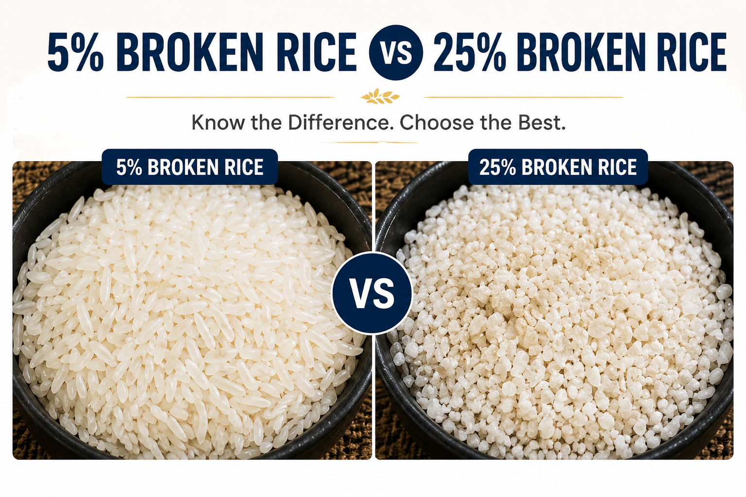 Side-by-side comparison of 5% Broken Rice and 25% Broken Rice showing differences in grain size, appearance, and quality for rice buyers and exporters.