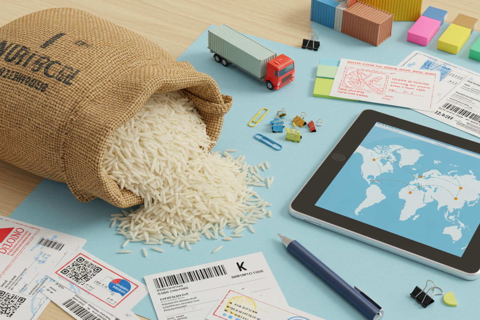 Documents required for rice import including shipping papers, customs documents, logistics, and export-quality rice.