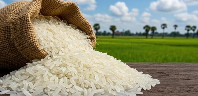 Premium white rice grains spilling from a jute bag with a lush green paddy field in the background, representing farm-fresh export-quality rice.