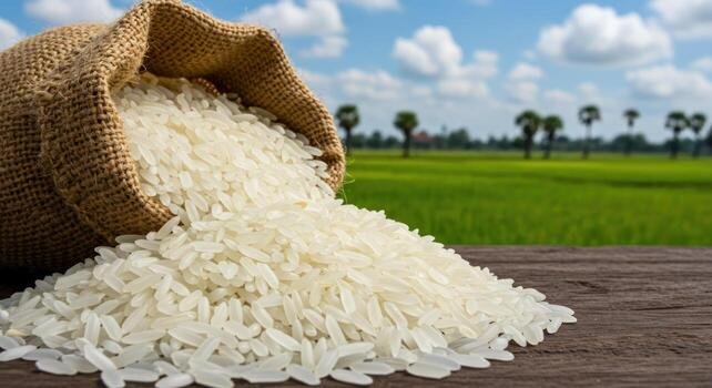 Premium white rice grains spilling from a jute bag with a lush green paddy field in the background, representing farm-fresh export-quality rice.