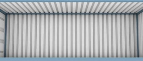 A blue shipping container with the whole side panel removed revealing an empty interior on an isolated white background - 3D render